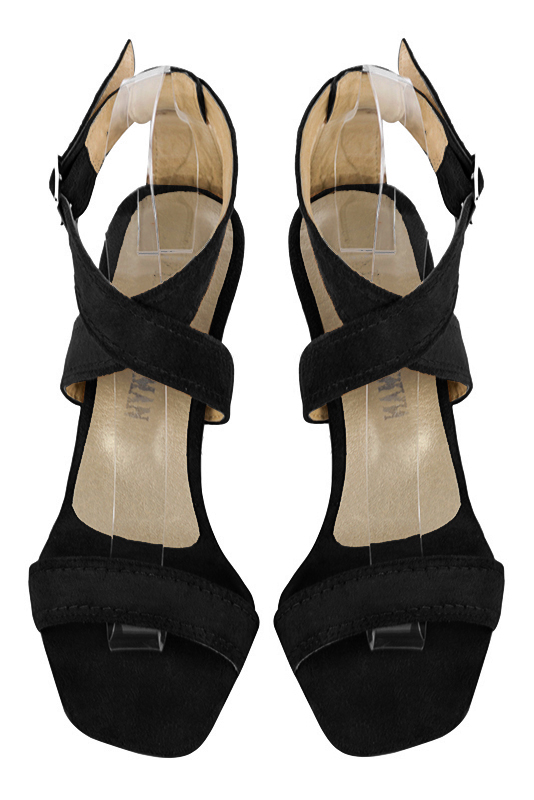 Matt black women's fully open sandals, with crossed straps. Square toe. Medium spool heels. Top view - Florence KOOIJMAN